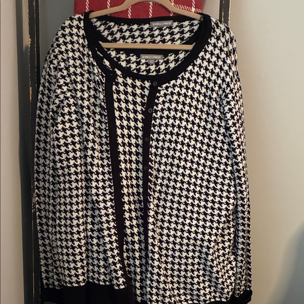 Jessica London Black and White Houndstooth Cardigan with Trim